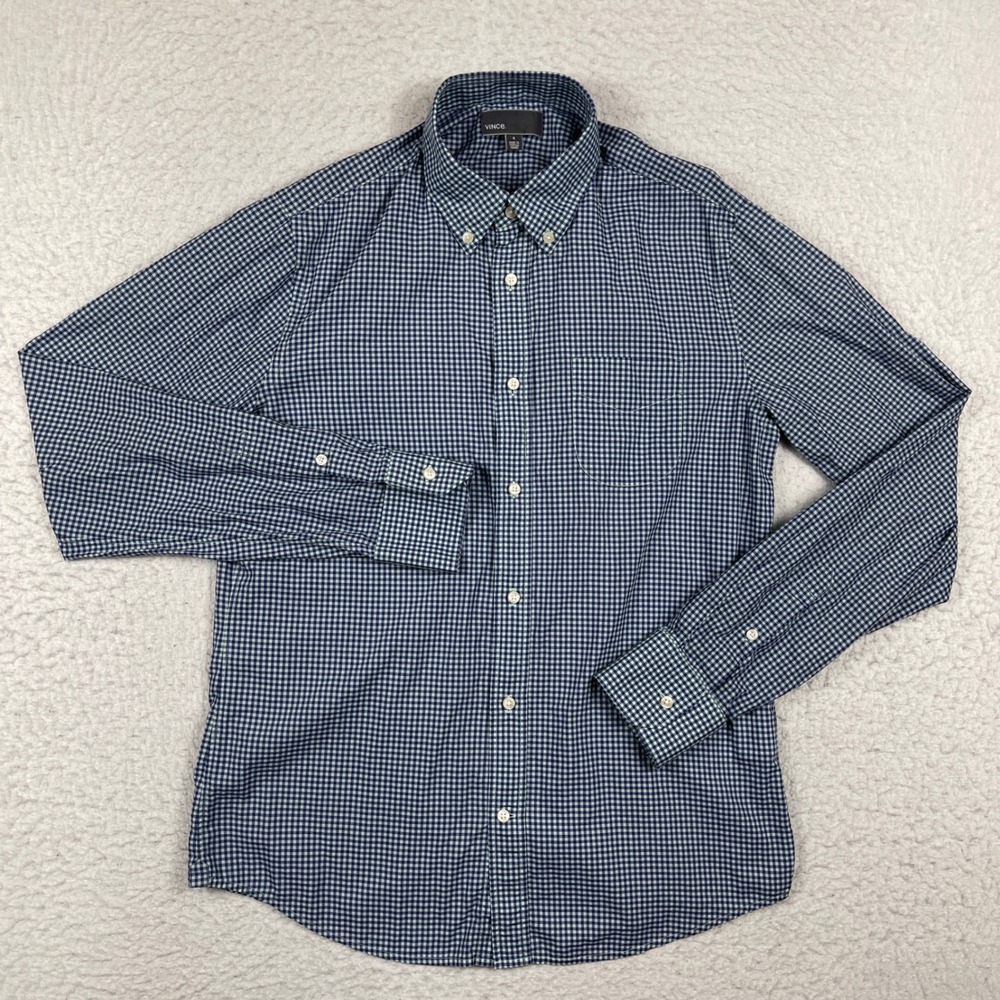 Vince Button Down Shirt Mens Small Blue‎ Gingham Italian Fabric Long Sleeve